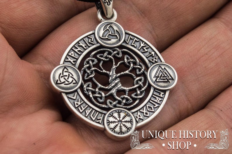 Yggdrasil Pendant Viking Jewelry with Elder Futhark Runes, Valknut, Odin Horn, Triquetra and Helm of Awe Symbol Norse Tree of Life Amulet image 3
