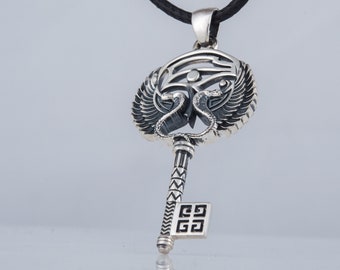 925 Silver Eye of Ra or Eye of Horus Udjat with Feathers Key Pendant, Unique Egyptian Eye Necklace Amulet, Sterling Silver Egypt Necklace
