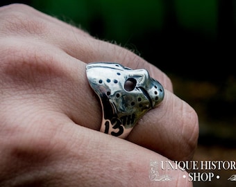 Personalized horror mask ring, engraved statement jewelry, custom silver signet ring, unique Jason mask ring, Halloween gift him