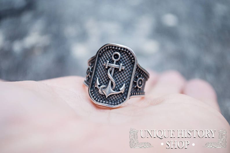 Sailor Anchor Ring Men's Nautical Jewelry with Ship Wheel Symbol Handcrafted Maritime Captain Ring in Vintage Style image 5