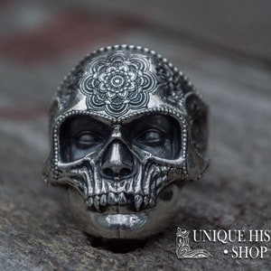 Mandala Ring - Silver Skull Face Jewelry with Santa Muerte Design Handcrafted Mexican-Inspired Ornament for Biker and Halloween Gifts
