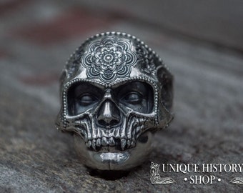 Mandala Ring - Silver Skull Face Jewelry with Santa Muerte Design Handcrafted Mexican-Inspired Ornament for Biker and Halloween Gifts