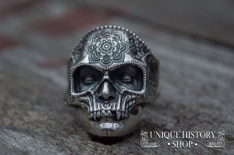 925 Silver Mandala Mask Ring Santa Muerte Mens Sugar Skull Ring Skull Mask Jewelry Gift for Biker Boyfriend Sterling Silver Mandala Jewelry 