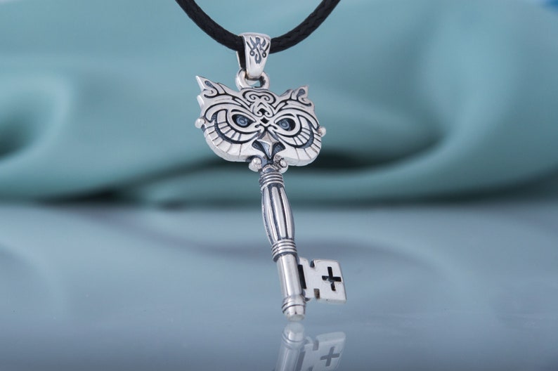 Owl Key Pendant, Silver Bird Ring, Key Necklace with Owl, Animal Jewelry, Skeleton Key Jewelry, 925 Silver Key Charm, Owl Jewelry image 1