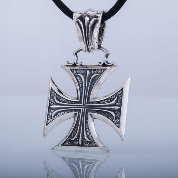 Silver Iron Cross Pendant - Knights Templar Crusader Necklace with Maltese Cross Symbols Handcrafted Historical Medieval Jewelry