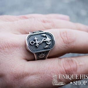 Sailor Anchor Ring Men's Nautical Jewelry with Ship Wheel Symbol Handcrafted Maritime Captain Ring in Vintage Style image 2