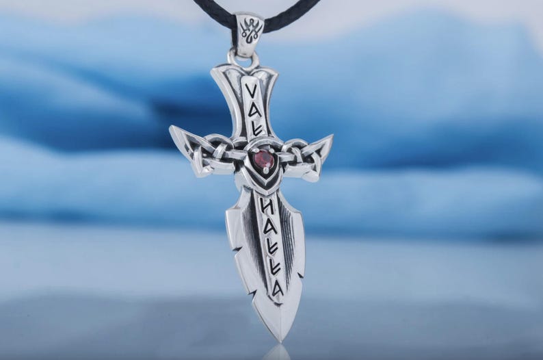 Statement Viking sword pendant, custom warrior pendant necklace, unique Scandinavian jewelry, 7th anniversary gift, Viking rune jewelry image 10