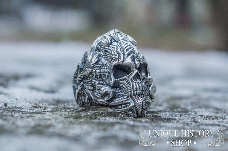 Peut inclure: Bague argent&eacute;e d&eacute;taill&eacute;e en forme de cr&acirc;ne, avec des gravures complexes. La bague pr&eacute;sente un design de cr&acirc;ne avec des motifs et des textures orn&eacute;s. Une pi&egrave;ce forte pour les amateurs de bijoux gothiques ou alternatifs.