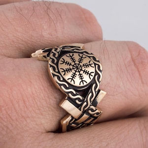 Bronze Viking Ring - Unique Scandinavian Gift for Him, Pagan Amulet, Scandinavian Historical Jewelry - Aegishjalmur Men&#39;s Band Ring
