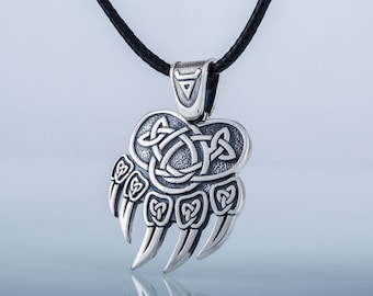 Veles Bear Paw Necklace - Slavic Pagan Jewelry with Veles God Symbol Handcrafted Silver Amulet for Spiritual Protection and Strength