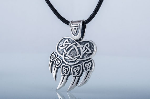 Veles Bear Paw Necklace - Slavic Pagan Jewelry with Veles God Symbol Handcrafted Silver Amulet for Spiritual Protection and Strength