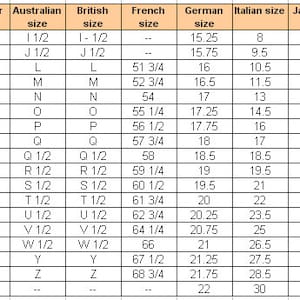 May include: A ring size conversion chart showing sizes in inches and millimeters, with corresponding sizes for various international systems, including British, and Japanese sizes. The chart includes sizes in mm.