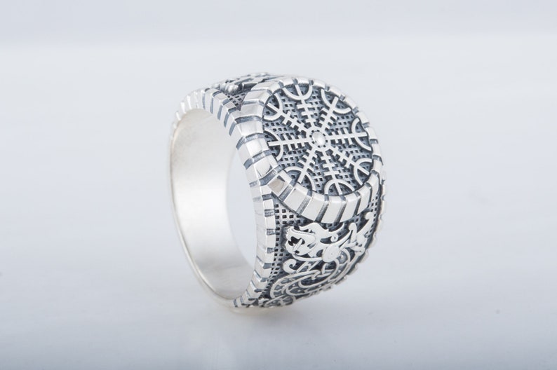 Handcrafted Nordic Ring Heathen Jewelry 925 Silver Helm of Awe Viking Signet Scandinavian Aegishjalmur Ring with Animal Ornament