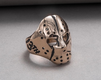 Horror mask bronze ring, unique Halloween jewelry, brother gift idea, Jason mask signet ring, black Friday sale, statement personalized ring