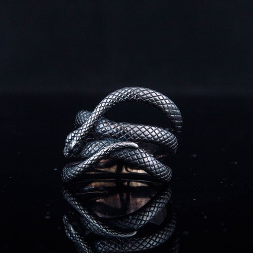 Black Snake Ring, Ruthenium Plated 925 Sterling Silver Serpent Jewelry