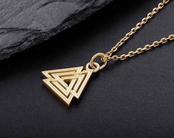 Gold valknut pendant necklace, custom Scandinavian jewelry, unique pagan symbolic pendant, birthday wife gift, 1st anniversary gift