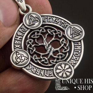 Yggdrasil Pendant Viking Jewelry with Elder Futhark Runes, Valknut, Odin Horn, Triquetra and Helm of Awe Symbol Norse Tree of Life Amulet image 4