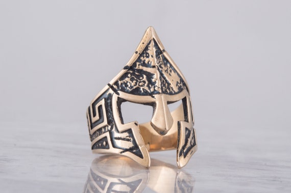 Bronze Gladiator Ring - Ruined Helmet Jewelry Inspired by Spartan Warrior Handcrafted Roman Ring with Meander Pattern for Men
