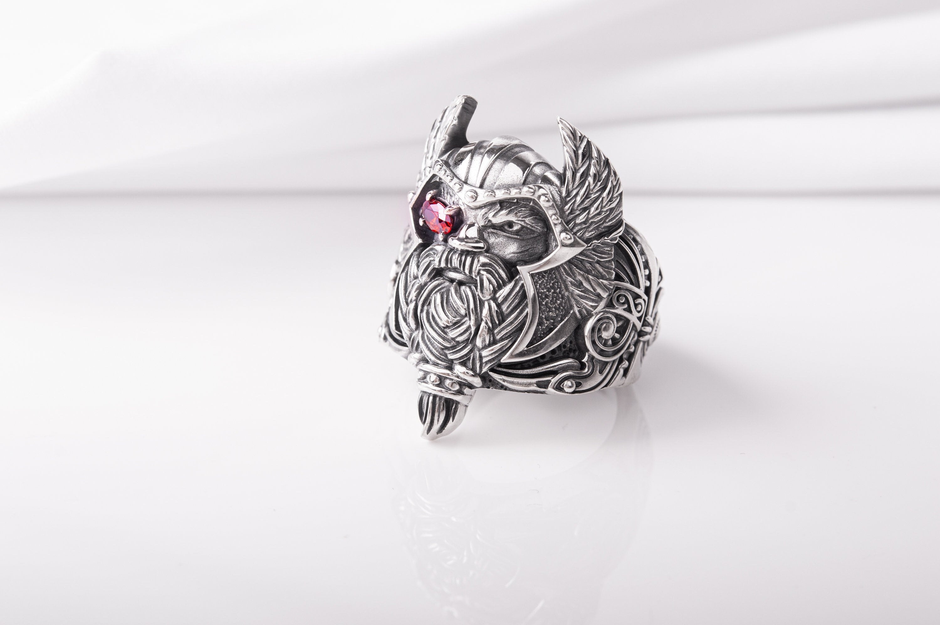 Handcrafted 925 Silver Odin Allfather Viking Ring - Detailed 