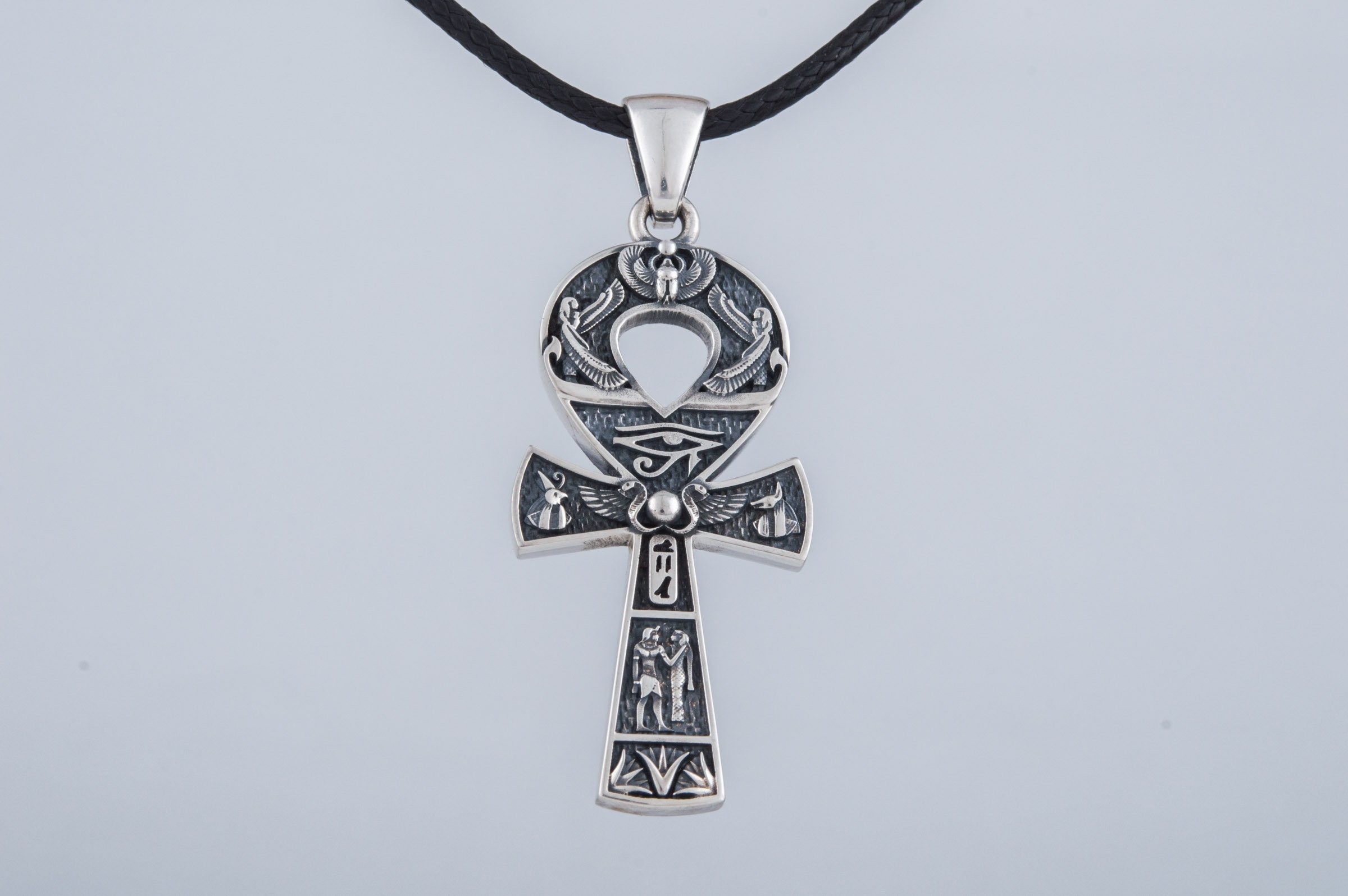 Ciondolo a croce con geroglifici e Ankh egiziani in argento sterling 925 massiccio, Crux Ansata fatto a mano - Italia