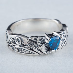 Silver Norse Ravens Ornament Ring with Blue Trillion Cut Gem, Viking Ravens Wedding Band Cubic Zirconium Blue Gem Scandinavian Jewelry