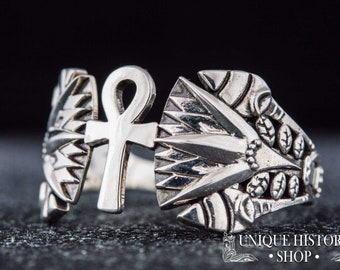 Egyptian Ankh Ring - Silver Ankh Jewelry with Lotus Flower Accent Handcrafted Ancient Egypt Ankh Cross and Lotus Symbol for Life and Rebirth