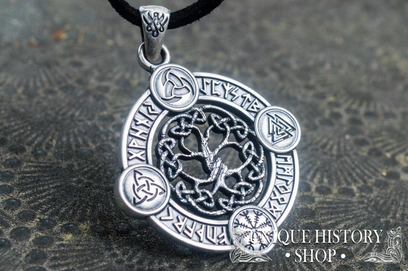 Yggdrasil Pendant Viking Jewelry with Elder Futhark Runes, Valknut, Odin Horn, Triquetra and Helm of Awe Symbol Norse Tree of Life Amulet image 1