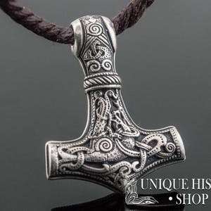 Thor Hammer Pendant - Silver Mjolnir Necklace with Mammen Style Pattern Handmade Authentic Viking Jewelry Inspired by Norse Mythology