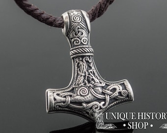 Thor Hammer Pendant - Silver Mjolnir Necklace with Mammen Style Pattern Handmade Authentic Viking Jewelry Inspired by Norse Mythology