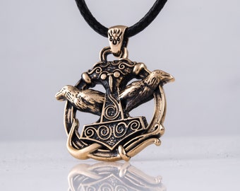 Thor Hammer Halskette - Nordische Pagan Halskette mit Odin Raben und Mjölnir Handgefertigter Schmuck aus Bronze für einen echten Wikinger