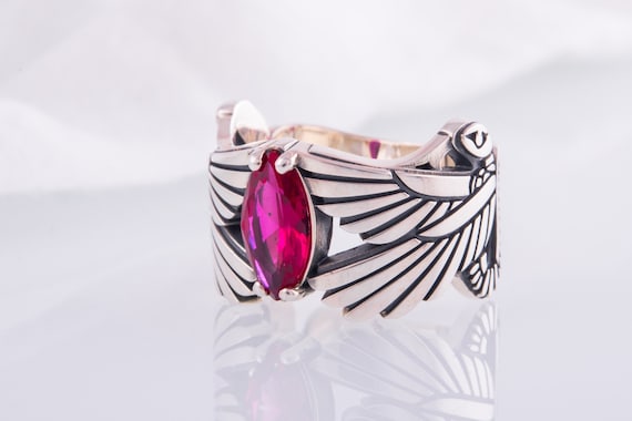 Isis Wings Ring - Egyptian Jewelry Inspired by Ancient Goddess Handcrafted Silver Wings Ring with Cubic Zirconia Gem and Symbol of Egypt