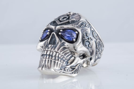 Männer Freimaurer Masonic Totenkopf Ring Sterling Silber 925 Handmade Schmuck 