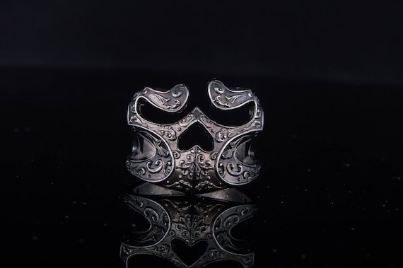 Silver Skull Ring - Gothic Men's Jewelry with Brutal Punk Style Handcrafted Biker Ring Featuring a Ruthenium Plated Black Mask