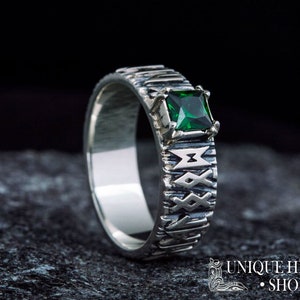 Elder Futhark Runes Ring, Handmade Viking Jewelry, Silver Norse Wedding Band, Ancient Scandinavian Jewelry, Nordic Ring with Green Gemstone
