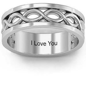 May include: A silver wedding band with a braided design and the inscription "I Love You".