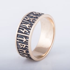 Elder Futhark Viking Ring, Handmade Bronze Runic Jewelry with Custom Engraving, Unique Norse Mythology Chunky Ring for Men