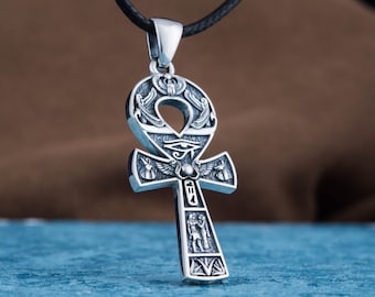 Silver Egyptian Ankh Pendant, Hieroglyphics and Ancient Symbols Pendant, Sterling Silver Egyptian Amulet Necklace with Eye of Horus