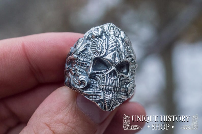 Peut inclure: Bague argent&eacute;e d&eacute;taill&eacute;e repr&eacute;sentant un cr&acirc;ne avec des gravures complexes. La bague pr&eacute;sente un design de cr&acirc;ne avec des traits faciaux d&eacute;taill&eacute;s et des motifs orn&eacute;s. La bague est tenue dans une main, avec un arri&egrave;re-plan flou.