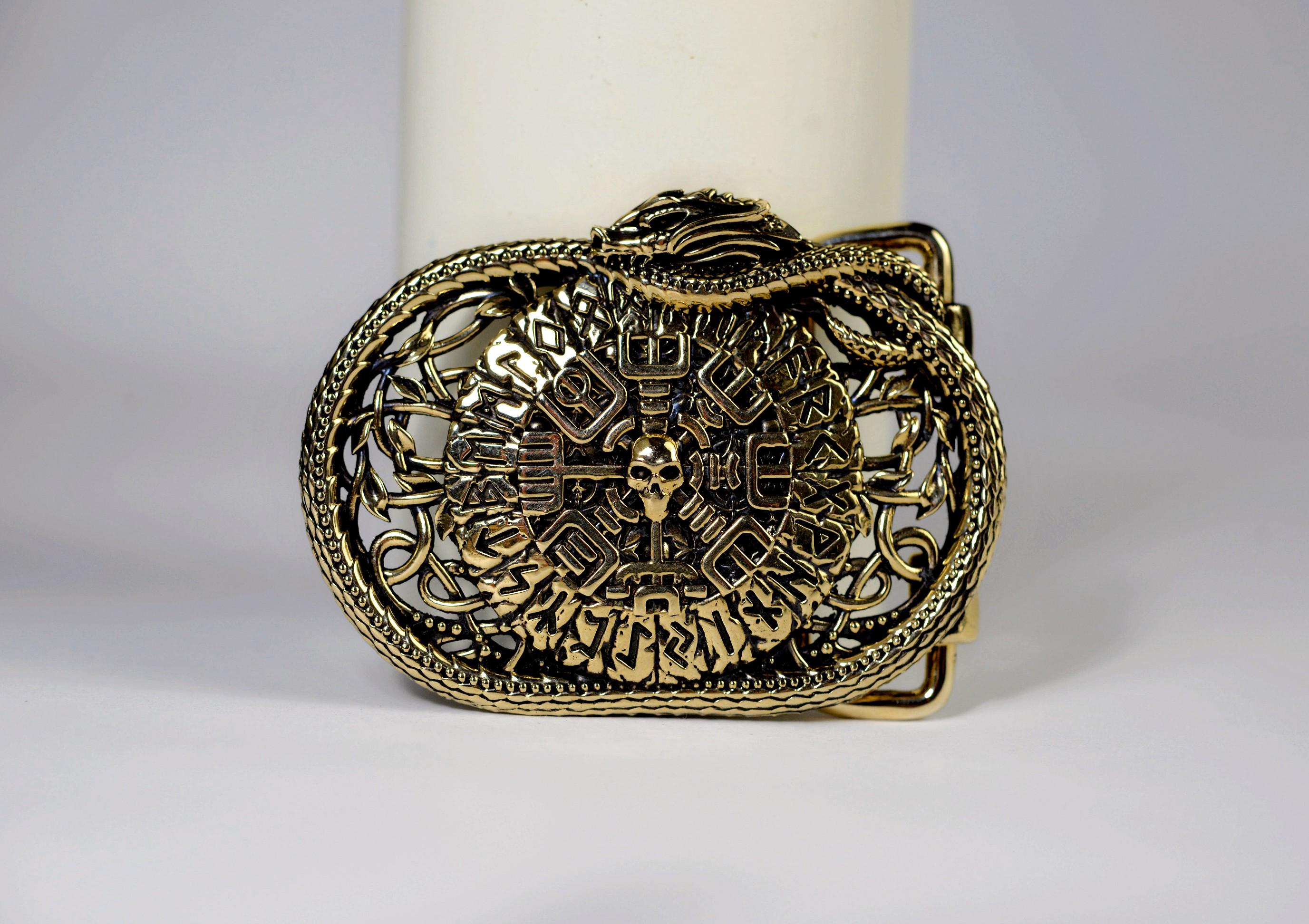 Viking Belt Buckle, Brass Vegvisir Norse Compass, World Serpent