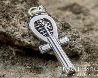 Egyptian Anubis God Pendant - Silver Ankh Cross Necklace with Old Egypt Powerful Symbols Featuring Ancient Hieroglyphs