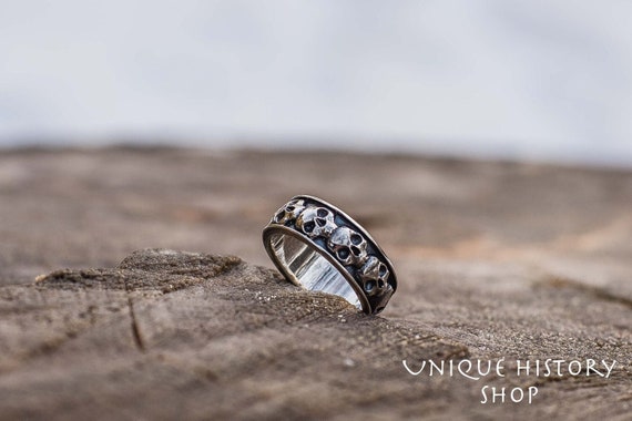 Biker Skull Ring - Silver Skeleton Jewelry with Gothic Pattern Design Handcrafted Brutal Mens Ring for Dark Souls