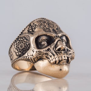 Skull Ring, Santa Muerte Ring - Bronze Skull Jewelry with Intricate Mandala Ornament, Biker Ring, Mexican Jewelry, Biker Gift