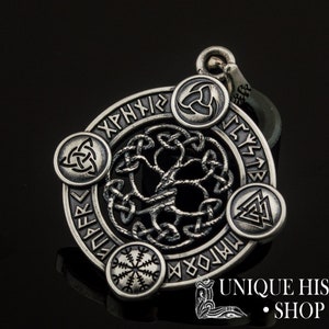 Yggdrasil Pendant Viking Jewelry with Elder Futhark Runes, Valknut, Odin Horn, Triquetra and Helm of Awe Symbol Norse Tree of Life Amulet image 5