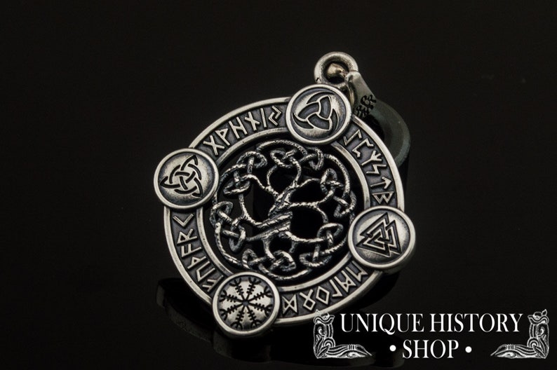 Yggdrasil Pendant Viking Jewelry with Elder Futhark Runes, Valknut, Odin Horn, Triquetra and Helm of Awe Symbol Norse Tree of Life Amulet image 5