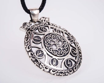 Viking Runes Silver Necklace - Scandinavian Jewelry with Tree Pendant, Wiccan Jewelry, Protection Amulet with Viking Runes & Tree Design