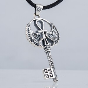 Egyptian Ankh Necklace in the Shape of Ancient Key - Sterling Silver Key Pendant with Feather Accents and Egyptian Life Symbols