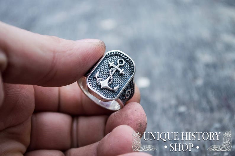 Sailor Anchor Ring Men's Nautical Jewelry with Ship Wheel Symbol Handcrafted Maritime Captain Ring in Vintage Style image 4