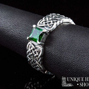 Silver Viking Ring with Green CZ Gemstone, Norse Knot Pattern Ring, Viking Jewelry for Men and Women, Handcrafted Unique Ring