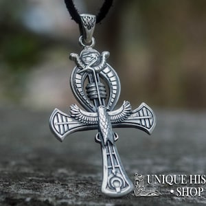 Ankh Cross Necklace - Egyptian Pendant with Eye of Horus Symbol and Feathers Handmade Historical Jewelry for Collectors of Ancient Egypt Art