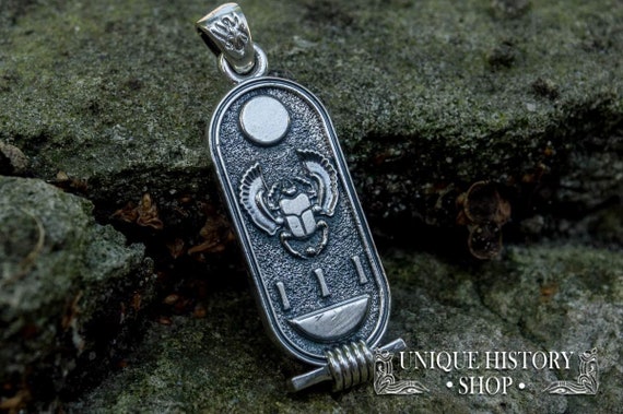 Silver Cartouche Pendant - Ancient Egypt Art Jewelry featuring Scarab Symbol Handcrafted Egyptian Necklace in Historical Style